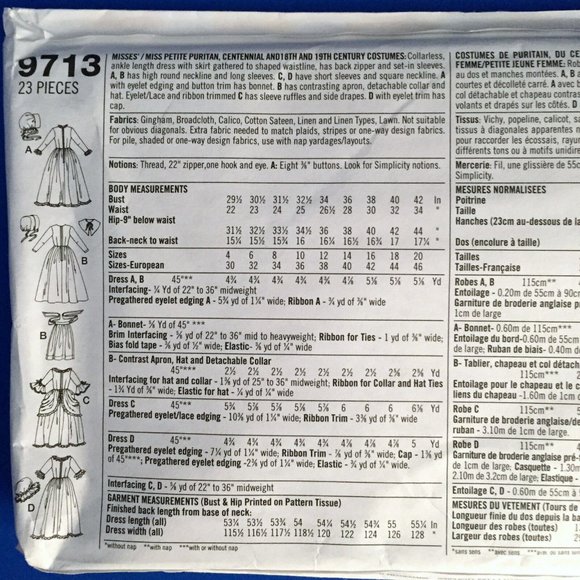 Simplicity Costume Pattern #9713 Puritan and 18th 19th Century Costumes - Picture 5 of 6